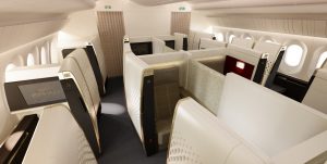 Passagierkomfort, auch akustischer Komfort spielt eine große Rolle. Hier die Erste Klasse im neuen Boeing 787 „Dreamliner“ von Etihad Airways. (#5)