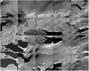 Ein aus mehreren Fotos zusammengesetztes Mosaik der Region, in der „Rosetta“ auf dem Kometen etwa mit Schrittgeschwindigkeit aufgesetzt hat. (#06)