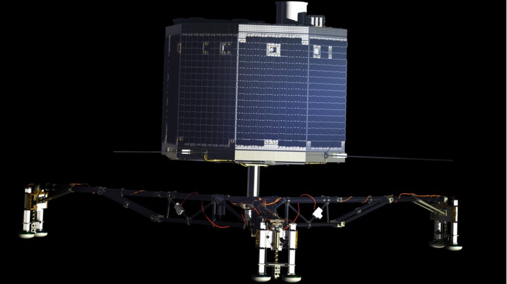 An der Landeeinheit „Philae“ arbeiteten Wissenschaftler und Ingenieure aus ganz Europa mit. Die mit Solarzellen verkleidete Sonde hat etwa die Größe einer Waschmaschine und wiegt rund 100 Kilo. Eigentlich sollte sie sich mit Harpunen und speziellen Eisschrauben auf der Oberfläche verankern, aber das misslang. So war „Philae“ nur rund 60 Stunden aktiv, aber trotz allem der erste menschliche Flugkörper, der auf einem Kometen landete. (#12)