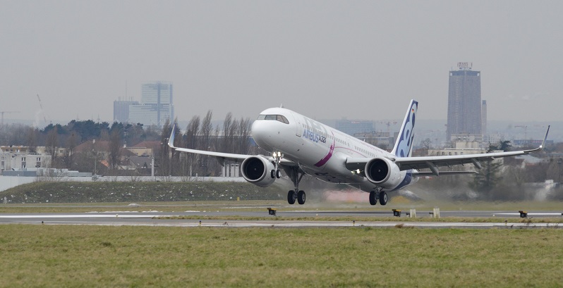 Start des Airbus A321LR-Prototypen zum ersten Transatlantik-Flug am 14. Februar 2018 in Paris-Le Bourget. (#01)