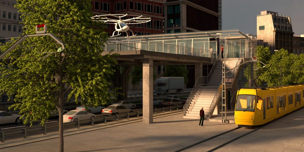 Volocopter könnten auf speziellen Plattformen mitten in der Stadt landen, sodass Passagiere direkt in Straßenbahn oder Auto-Taxi umsteigen können. (#3)