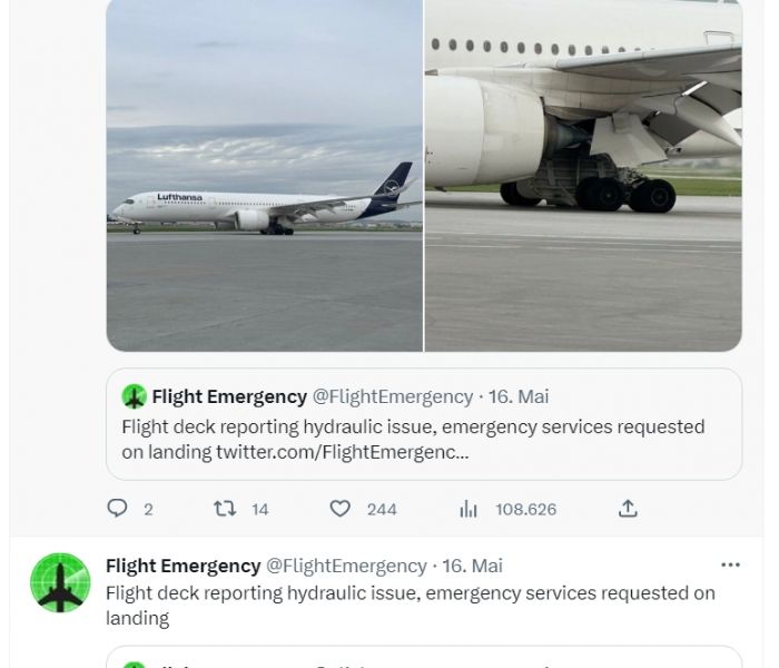 Lufthansa-Flug LH474: Airbus A350-900 hat Probleme und muss einen Notfalllandeanflug in Montreal durchführen. (Foto: Twitter. Redaktion)